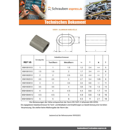 1 x Crimphülse Aluminium für Kabel Textilkern Durchmesser 1,5 und metallischem Kern Durchmesser 1