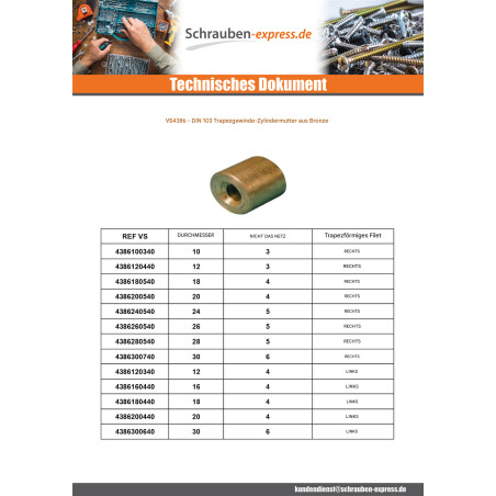 1 x Muttern Zylindrisch Gewinde Trapezförmig Gerade 20x4 BRONZE