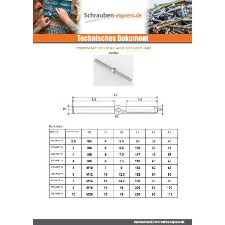 1 x Innergewindeterminal rechts Schritt Gerade Edelstahl A4 Kabel 4 M6 Gesamtlänge 65