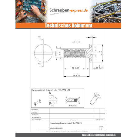 1 x Muttern Binder Flachkopf Gespalten M4x12 5x16 Messing