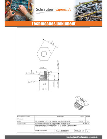 1 x Dübel Gebohrt M12x12,5 Innen M8 Verzinkt