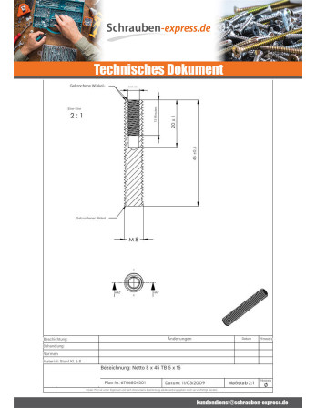1 x Gewinde Rohstahl M8X45 Gebohrt M5/15