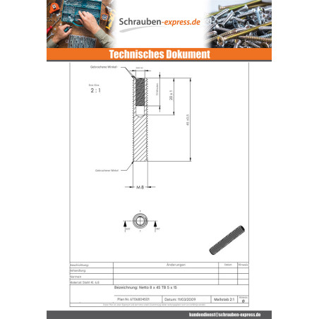 1 x Gewinde Rohstahl M8X45 Gebohrt M5/15