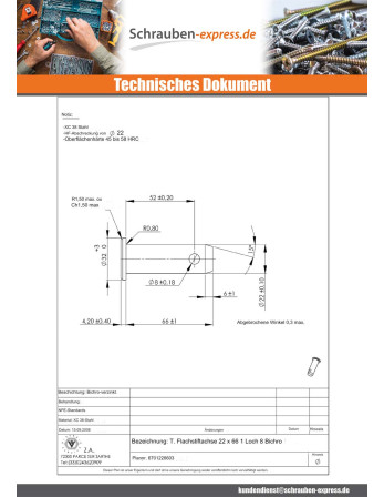 1 x Bolzen Splint Gebohrt Flachkopf 22 x 66...