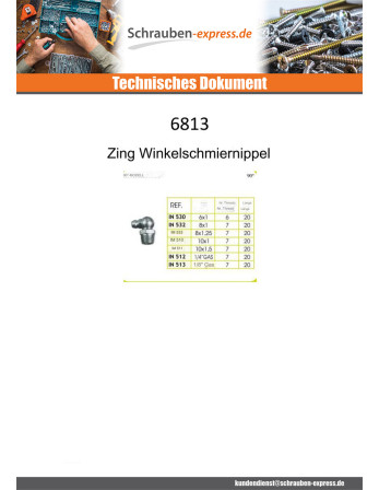 1 x "90°-Schmiernippel M8 gewinde 125 Verzinkt
