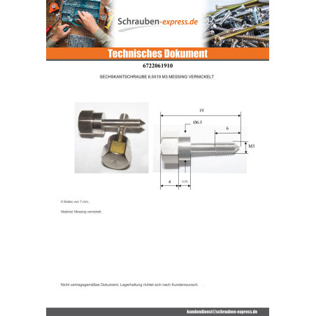1 x Schraube Senkkopfschraube Nickel Messing M3 6,5 x 19 Artikel A890 MEIN