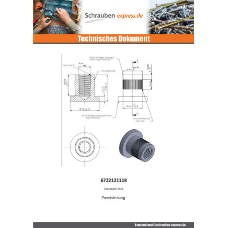 1 x Muttern Binder Flachkopf Gerändelt M5x8,5 8x9 316L