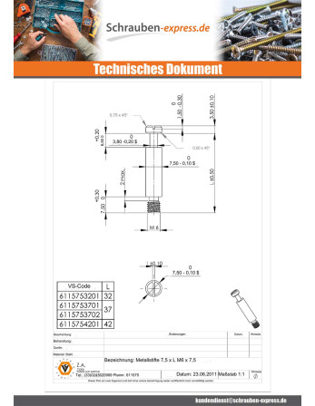 1 x Holzdübel Metalle Verzinkt 7,5 x 37 M6-7.5