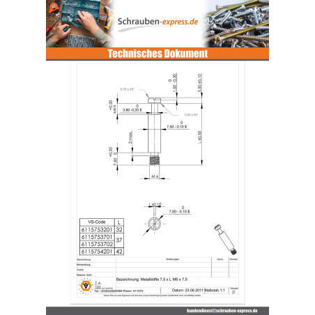 1 x Holzdübel Metalle Verzinkt 7,5 x 37 M6-7.5