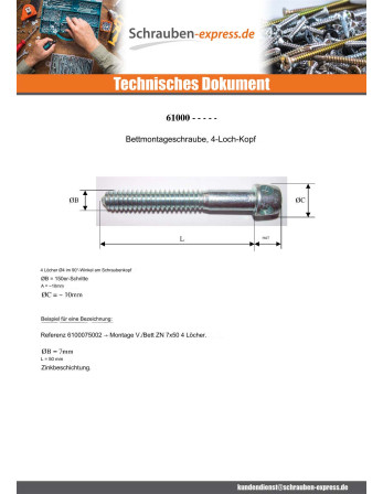 1 x Möbelschraube Verzinkt M7X50 Kopf 4TRO