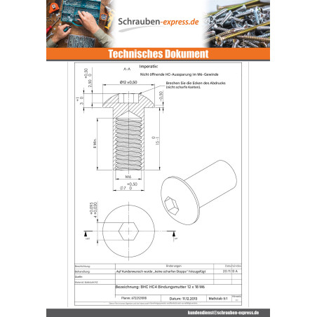 1 x Muttern Binder Flachkopf M6X8 Schraubenschlüssel 4 7x15 Edelstahl