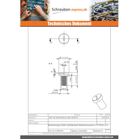 1 x Muttern Binder Zylindrischer Flachkopf Gespalten 8x12 M6x11 Messing