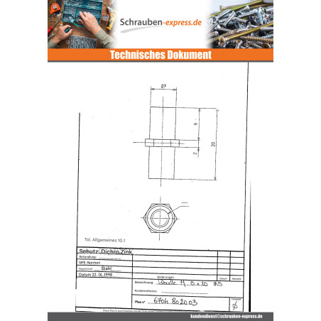 1 x Dübel Sechskant Dichromat 8x20 M5 Eben 8