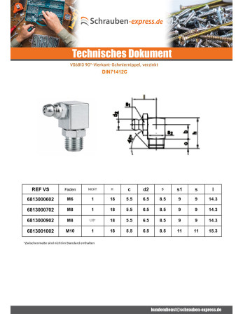 1 x "90°-Schmiernippel Quadrat M8 gewinde 100...