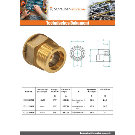 1 x Sechseckige Brustwarze Abbildung 529 Männlich weiblich Doppelsechseck 15x21 (1/2") Messing