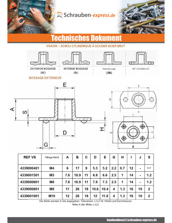 1 x Zylindrische Schweißmutter interner Chef M4...