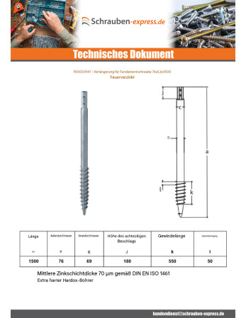 1 x Fundamentschraube 76 x 3,6 x 1500 Hohe...