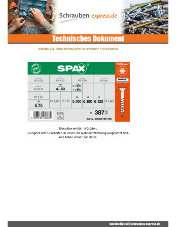 1 x Set mit 364 Holzschraube Senkkopfschraube...
