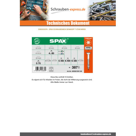 1 x Set mit 364 Holzschraube Senkkopfschraube T-STAR WIROX + 3 Biteinsatz