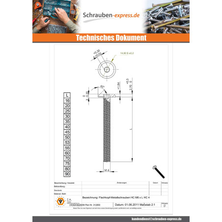 1 x Flachkopfschrauben Schraubenschlüssel 4 M6X80 Vermessingtem Stahl
