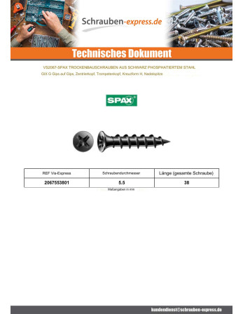 1 x Schraube für Gipsplatte Spax 5,5X38...
