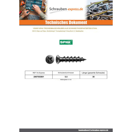 1 x Schraube für Gipsplatte Spax 5,5X38 Metallphosphat GIX-G