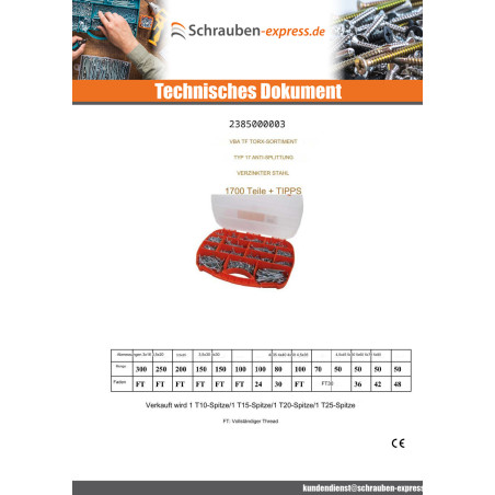 1 x Set mit 1700 Spanplattenschrauben TEKOR Senkkopfschraube TORX cut Bohrspitze mit Typ 17 Spitze Verzinkt Mit Biteinsatz
