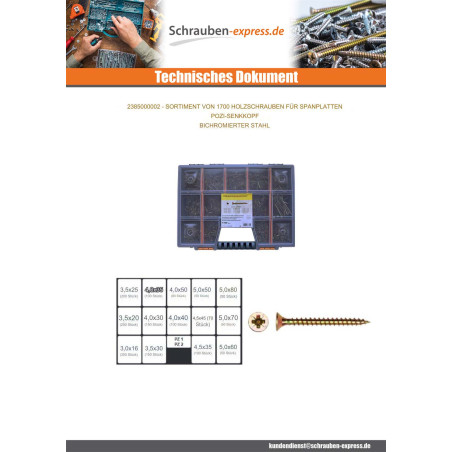 1 x Set mit 1700 Spanplattenschrauben Senkkopfschraube Pozi Dichromat Biteinsatz