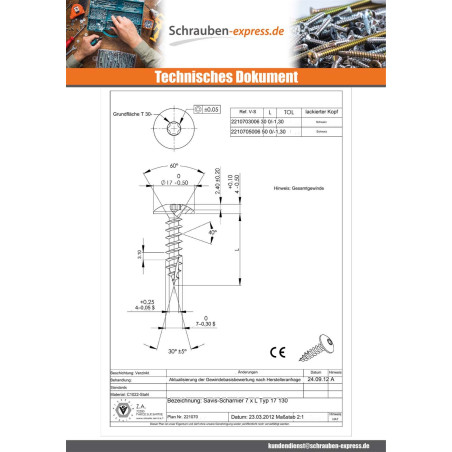 1 x Spanplattenschrauben TEKOR Schraube Binder 7x30 Mit Gewinde 30 T30 Stahl schwarz verzinkt cut Bohrspitze mit Typ 17