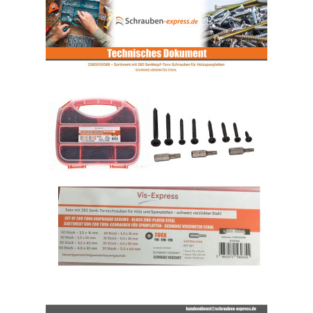1 x Set mit 280 Spanplattenschrauben Senkkopfschraube TORX Stahl schwarz verzinkt Biteinsatz