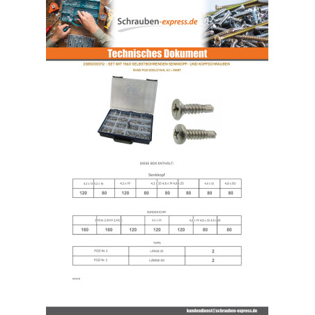 1 x Set mit 1540 Selbstbohrende Schrauben Senkkopfschraube Rundkopf Pozi Edelstahl A2 Biteinsatz