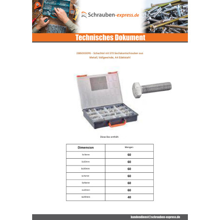 1 x Set mit 570 Metallschrauben Sechskantkopf Gesamtgewinde Edelstahl A4