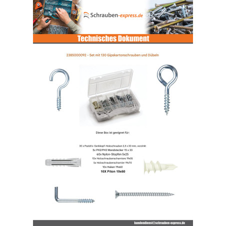 1 x Set mit 130 Schraube Und Dübel gipsplatte