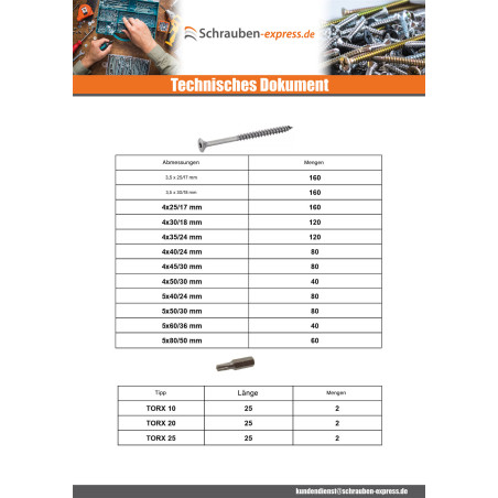 1 x Set mit 1666 Spanplattenschrauben Senkkopfschraube TX + Biteinsatz Edelstahl A4