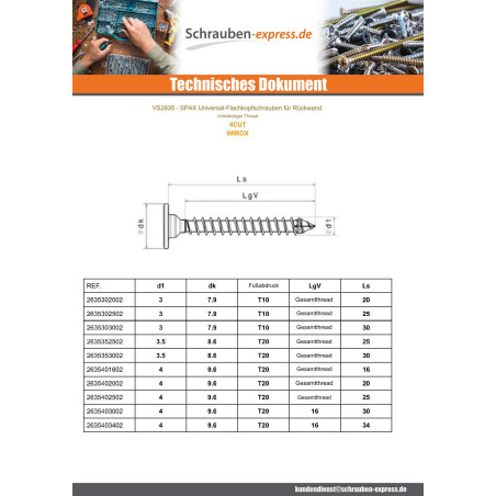 1 x Spax Holzschraube Flachkopf 3x30 Gesamtgewinde T10 4CUT WIROX Mikroschrauben