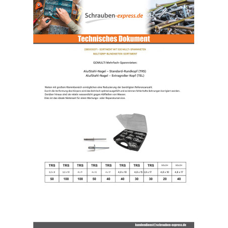 1 x Set mit 500 Blindniete Multigrip Aluminium Stahlgewinde DEGOMETAL