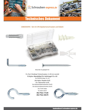 1 x Set mit 295 Schraube Und Dübel gipsplatte