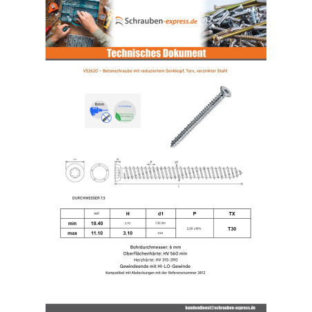 1 x Schraube Beton Senkkopf Reduziert 7,5X150 T30 Verzinkt