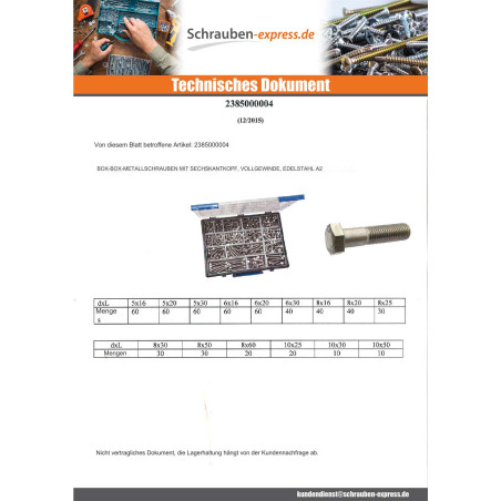 1 x Set mit 570 Metallschrauben Sechskantkopf Gesamtgewinde Edelstahl A2
