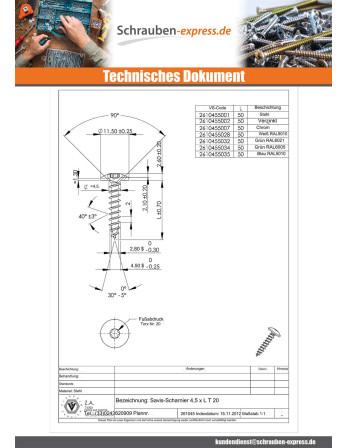 1 x Schraube Binder 4,5 x 50 Gesamtgewinde T20...