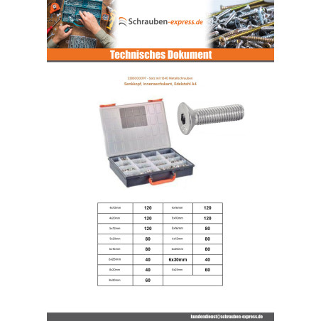 1 x Set mit 1240 Metallschrauben Innensechskant mit flachem Kopf Edelstahl A4