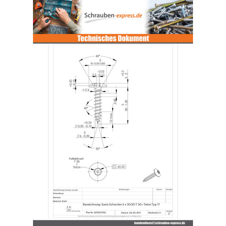 1 x Schraube Binder Sichere 6X30 Mit Gewinde 30 T30+TET cut Bohrspitze mit Typ 17 Spitze Stahl schwarz verzinkt