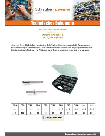 1 x Set mit 500 Niet GORIVET Edelstahl A2...