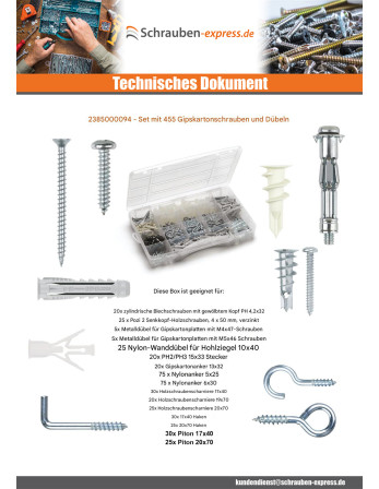 1 x Set mit 455 Schraube Und Dübel gipsplatte