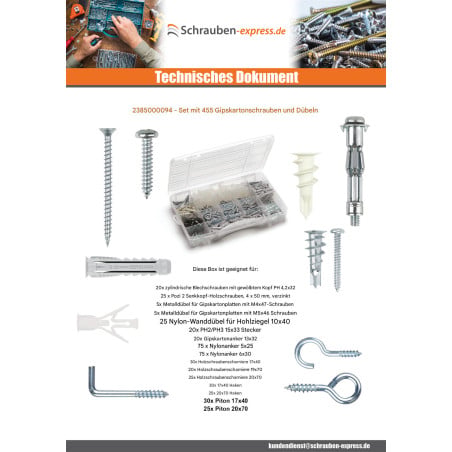 1 x Set mit 455 Schraube Und Dübel gipsplatte