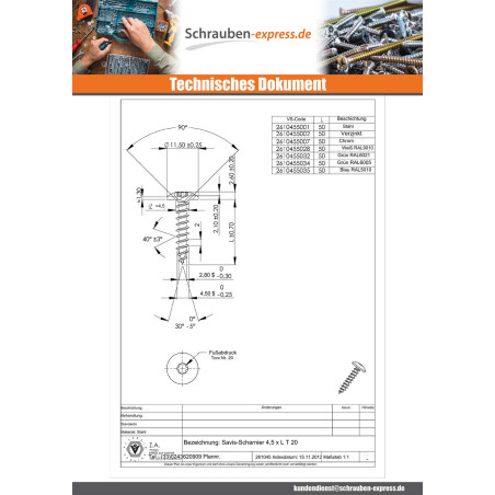 1 x Schraube Binder 4,5 x 50 Gesamtgewinde T20 Verzinkt LAQ RAL5010