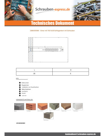 1 x Eimer mit 750 Schlagdübel Mit Schraube 5x30...