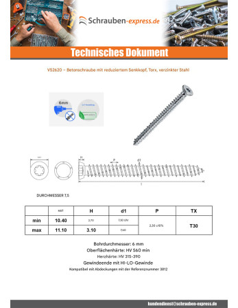 1 x Schraube Beton Senkkopf Reduziert 7,5X202...
