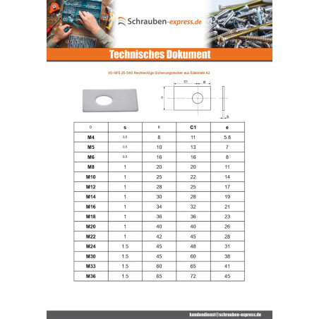 1 x Sicherung D Muttern RECHTECK Von Durchmesser M8 Edelstahl A2